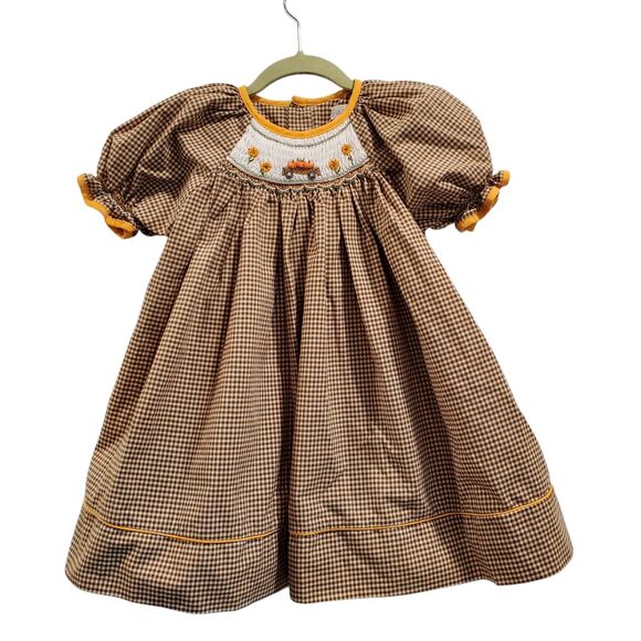 Petit Ami brown Fall Gingham Smocked pumpkin dress 12 Months W/ Bloomers - Picture 1 of 3